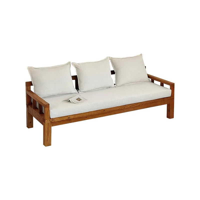

Solid wood sofa straight row three-person sofa chair retro elm home