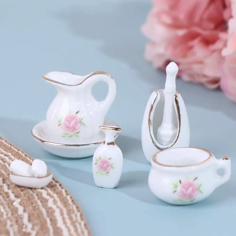 Acessório de Banheiro Exquisito para Casa de Bonecas em Escala 1/12, Estilo Vintage com Flores de Porcelana