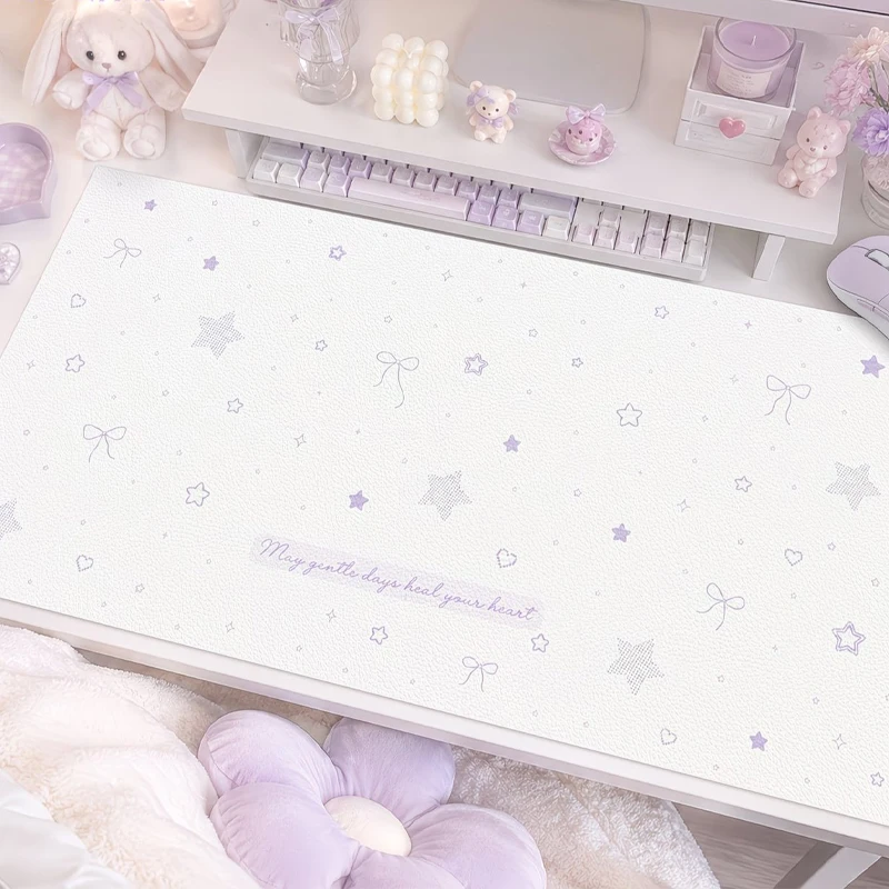PU Leather Desk Pad Purple Korean Gentle Ins Style Lace Star Mouse Pad Office Desk Mat Waterproof Non-Slip PU Desk Blotter Pad