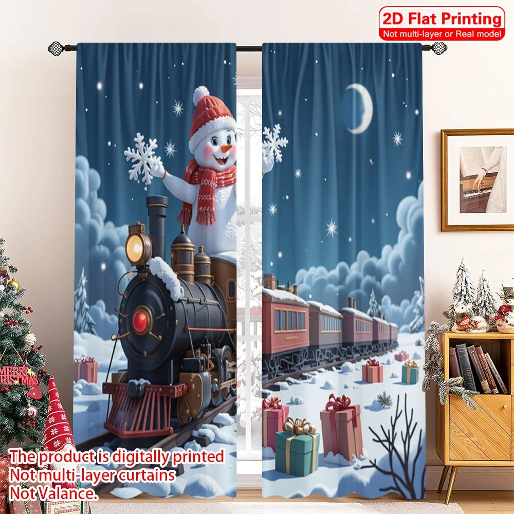 

2pcs 2D flat printing Merry Christmas Popular Party Window Curtains Christmas Train Snowman Gifts Polyester Without Electricity