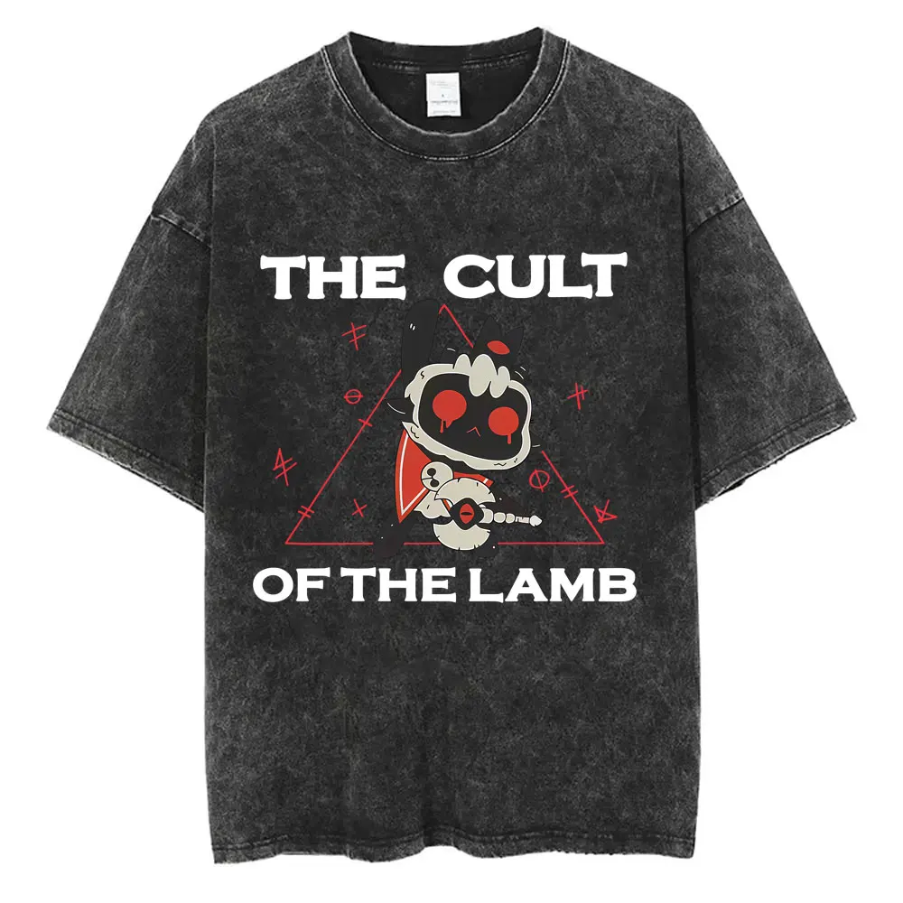 

Funny Game Cult of The Lamb Vintage Washed T-shirt Men Women High Quality Cotton T-shirts Unisex Casual Oversized T Shirts Tops