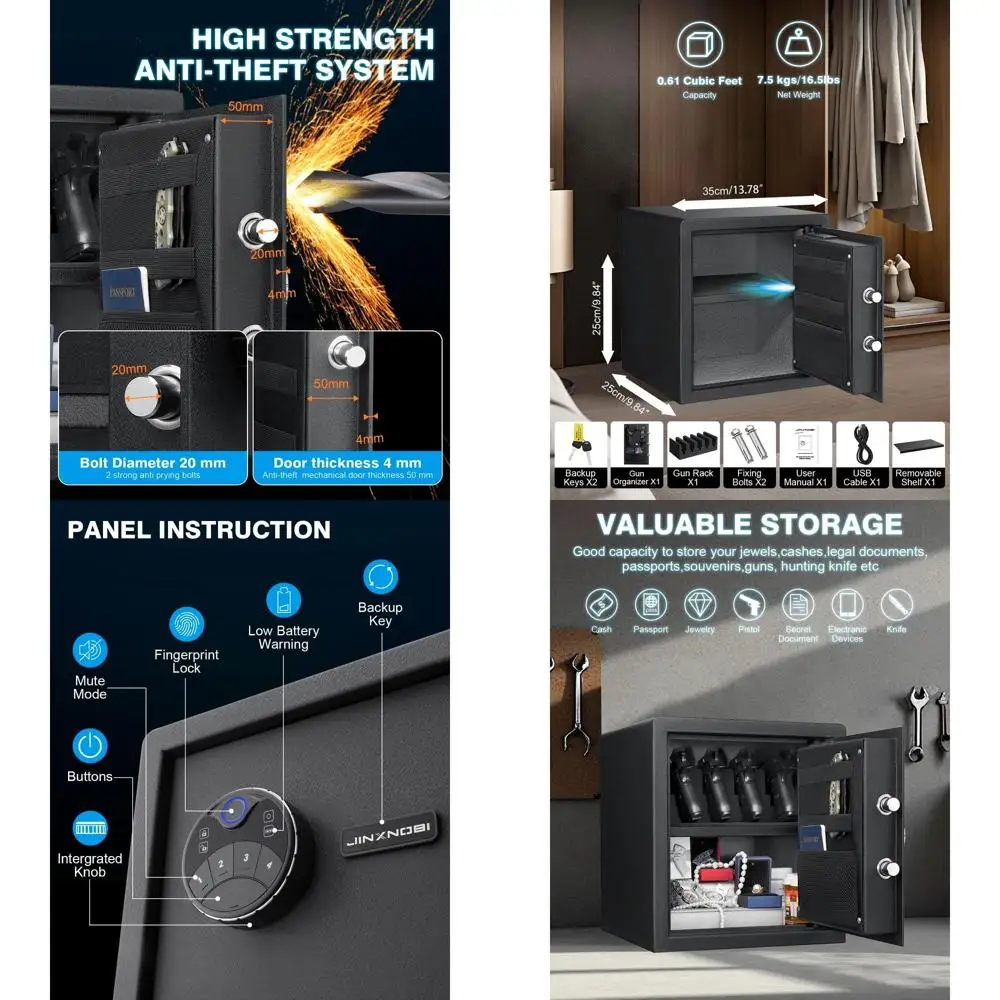 

Биометрический сейф с интеллектуальным доступом по отпечатку пальца, держателем для пистолетов, для документов, наличных и обеспечения безопасности дома/офиса