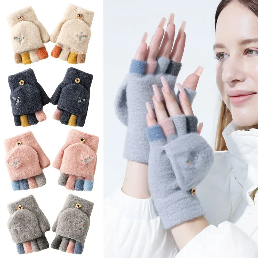 Autumn Winter Gloves Cute Knitted Flip Fingerless Gloves Touch Screen Half Finger Warm Gloves