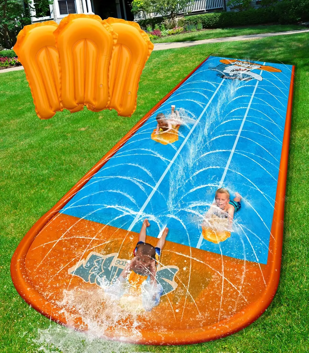 

17ft Kids Water Slide with Sprinkler & Bodyboards, Outdoor Summer Toy for Ages 4-12