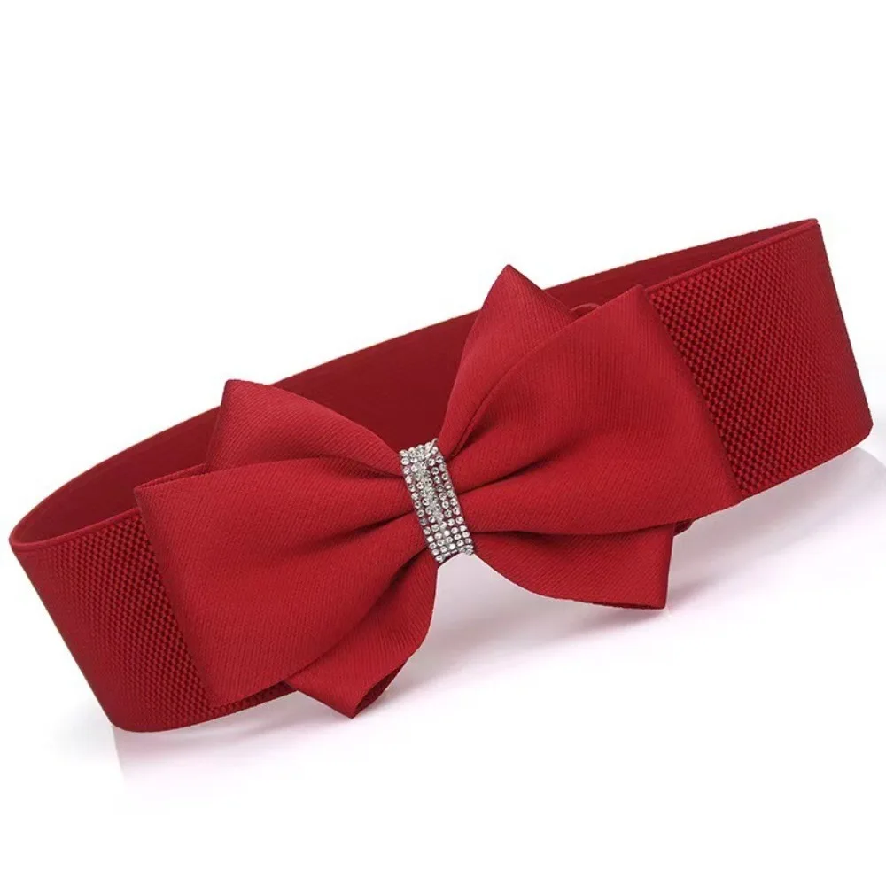 Adjustable Buckle Women's Elastic Wide Belt Plus Size Solid Color Elastic Bow Belt Rhinestone Stretch Belt