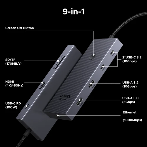 Imagen 2 del producto UGREEN USB HUB 9 en 1 4K60Hz HDMI PD100W RJ45 SD/TF USB3.2 Gen2 10Gbps para accesorios de ordenador portátil Dell MacBook HP Splitter Docking
