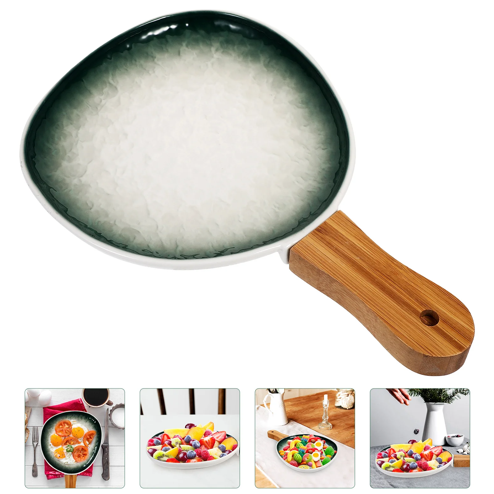 

Retro Ceramic Dish Steak Plate Salad Serving Tableware Wood Handle Dessert Food