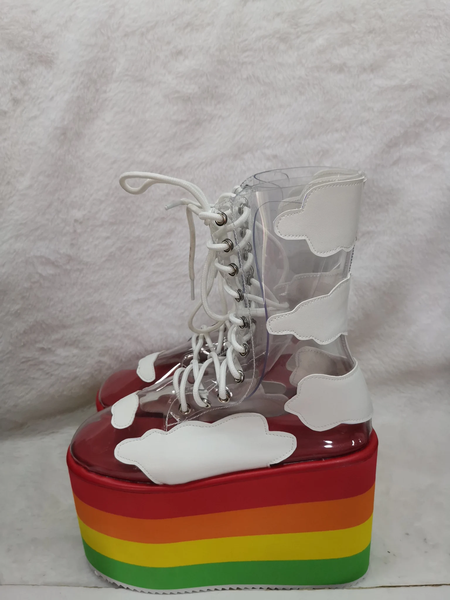 Transparent Pvc Rainbow Platform Ankle Boots Round Toe Thick Sole Cross Tied Cloud Print Sweet Girl Cosplay Shoes Large Size
