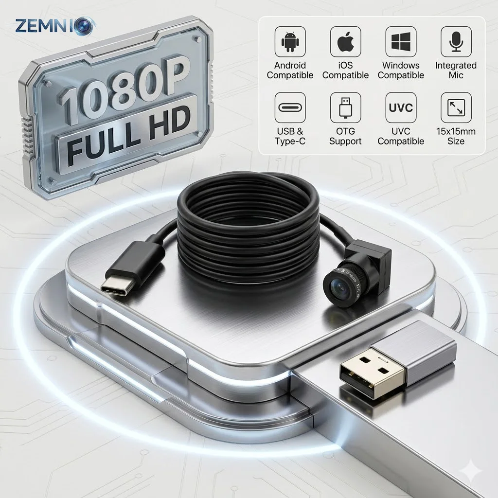 2MP 1080P HD Security Webcam, Mini USB UVC Camera with Mic & OTG,Type C & USB,15X15mm, 2.8-12mm Lens for Office Monitor System