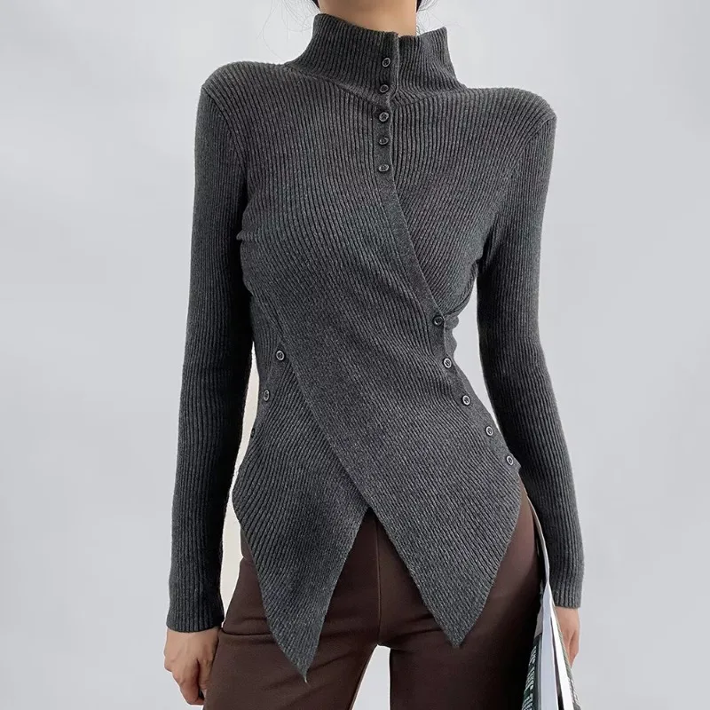 

Женский вязаный кардиган с высоким воротником, однобортный, в стиле пэчворк, повседневный, для города, женские джемперы