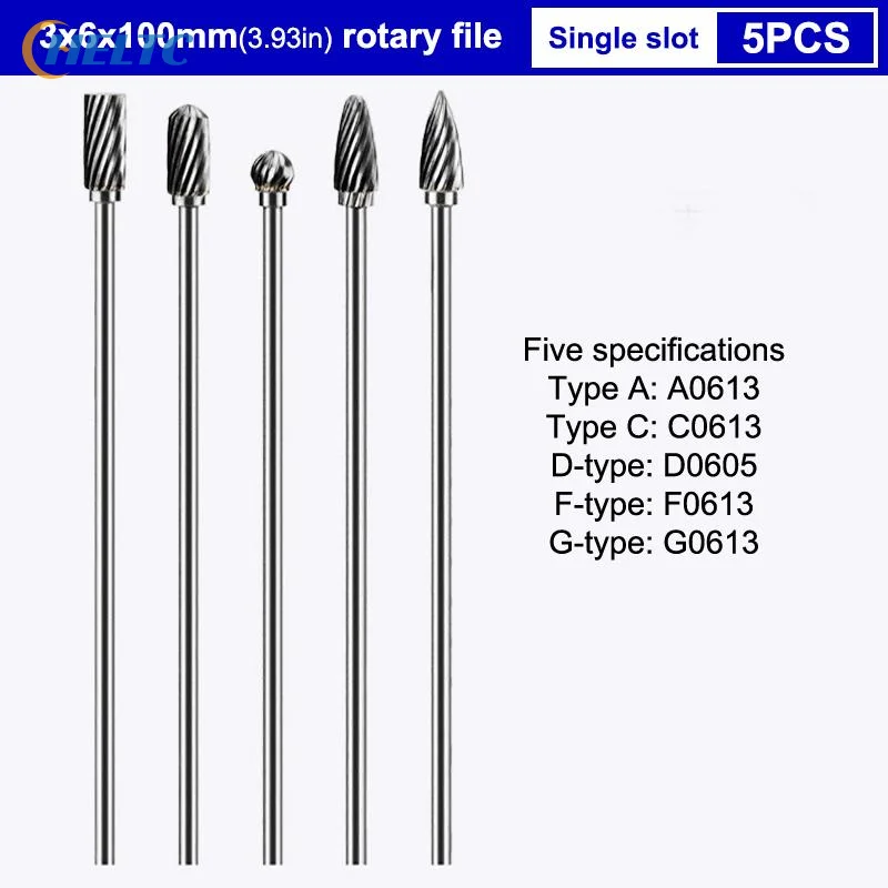 1/5PCS 3x6x100mm Long Single Cut Solid Carbide Rotary Burrs Set Rotary Tools Rotary Burrs Hard Alloy Rotary File Polishing Head