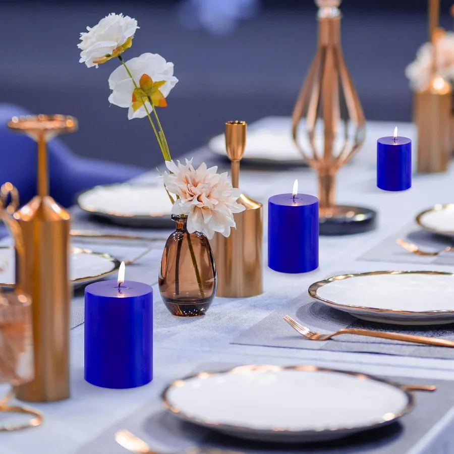 Velas de pilar azules clásicas, juego de 3 velas de pilar sin perfume de 3x6 para bodas, decoración del hogar, fiestas, spas, burni de 56 horas de largo