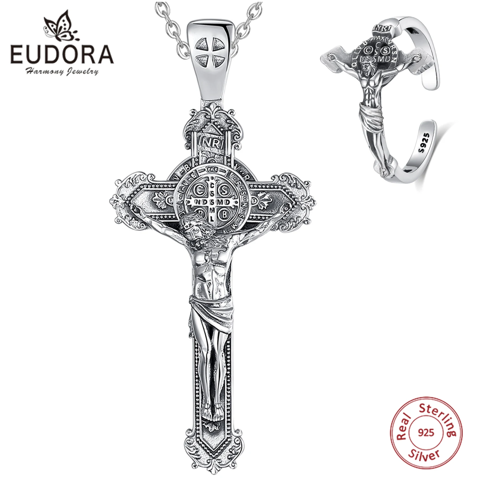 Eudora 925 Sterling Silver Saint Benedict Rings & Necklace San Benedict Crucifix Cross Jewelry Set Religious Gift for Man Women