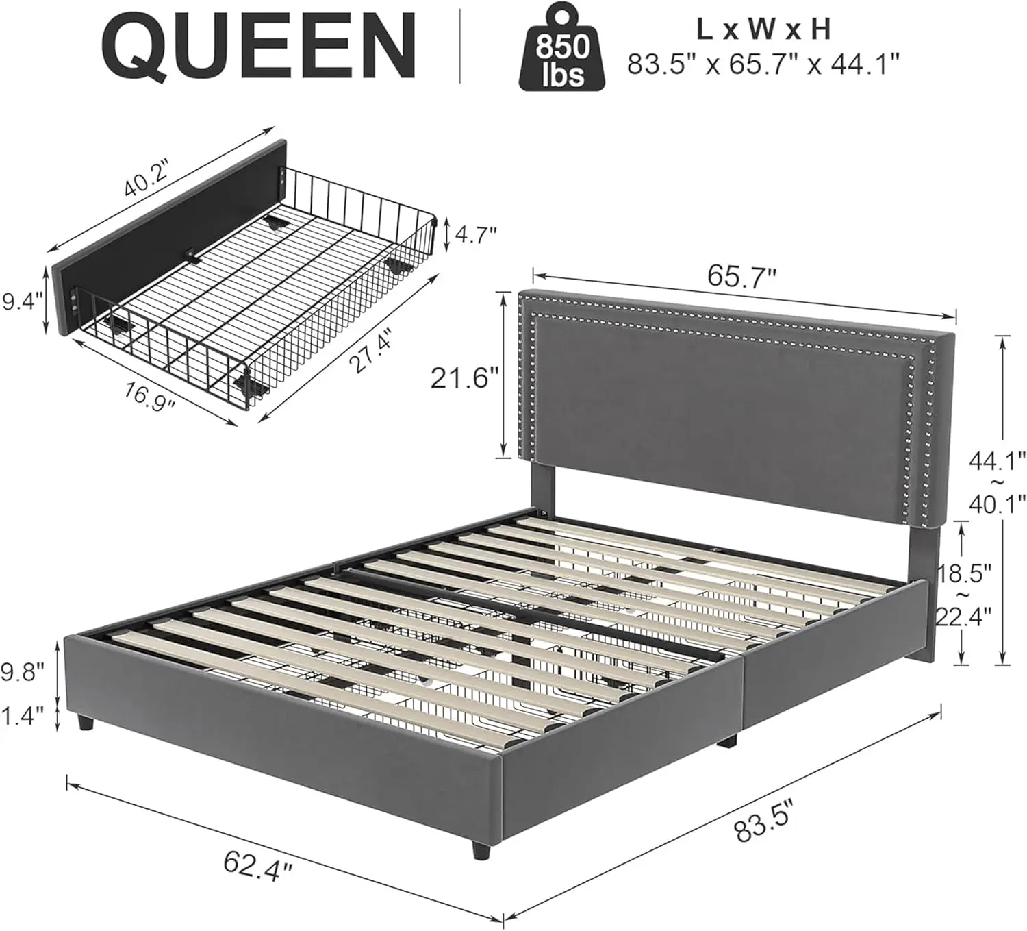 Vecelo-Queen Size Estofados Plataforma Cama Frame, 4 Gavetas De Armazenamento, Veludo Ajustável Rebites Cabeceira, Ripas De Madeira