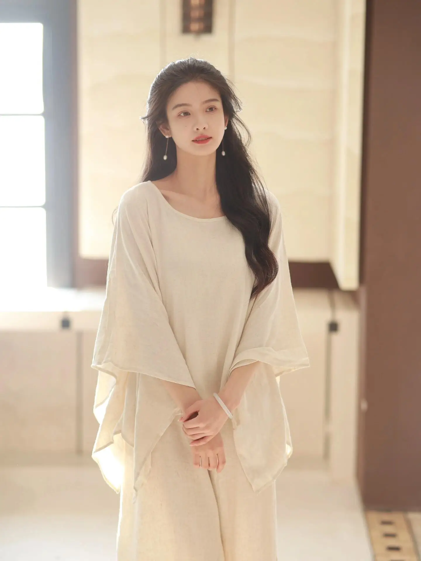 New Chinese Style High End Cotton Linen Women's Healing Zen Clothing Set Upper Body round Neck Long Sleeve Loose Fit Top