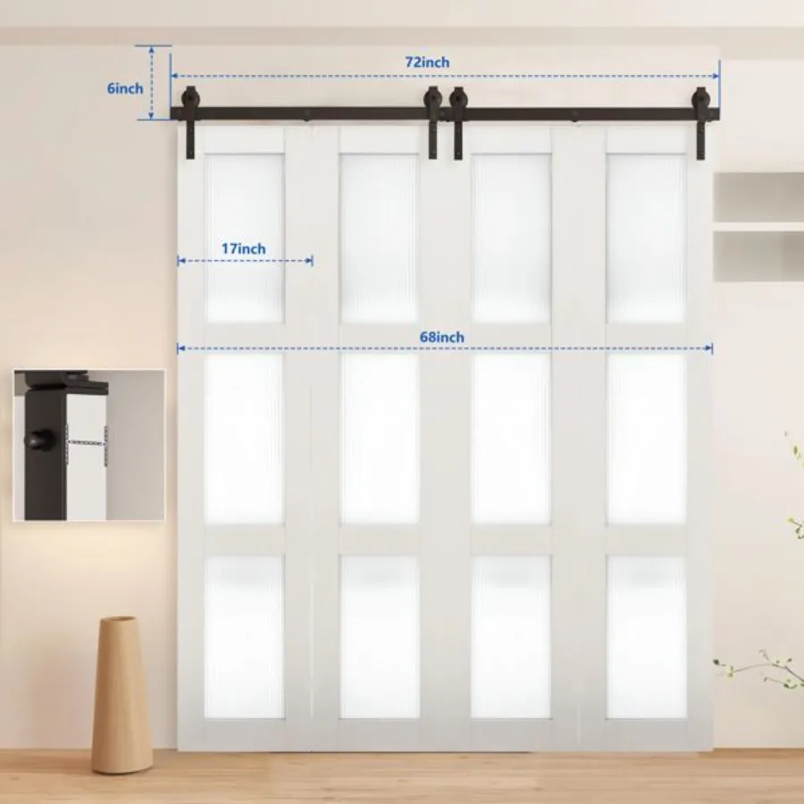 72 BiFolding Barn Door Hardware Kit für 4 Türen, reibungslos, leise, schwarze Spur-J-förmige Rolle [Türen nicht im Lieferumfang enthalten]