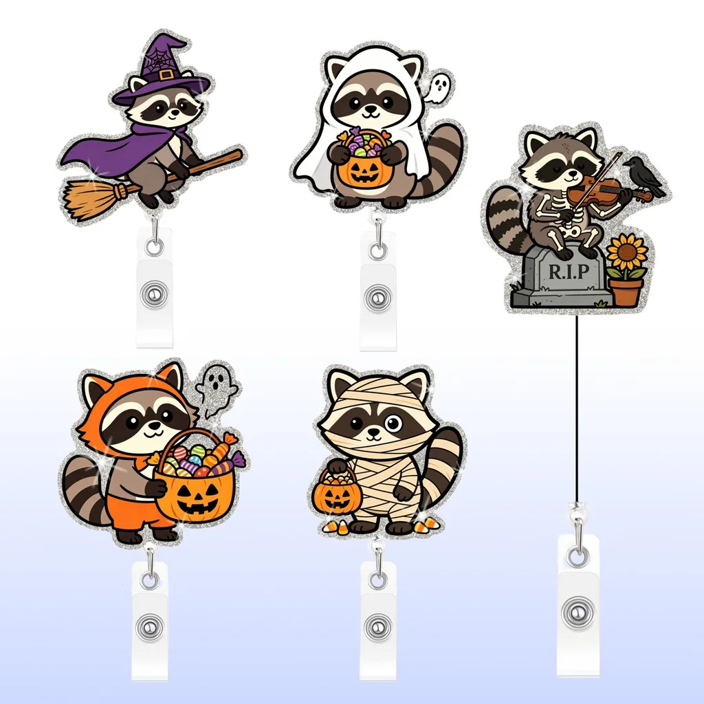Retractable Badge Reel Halloween Raccoon Themed Glitter ID Badge Holder With Rotatable Clip for Name Card Access Badge