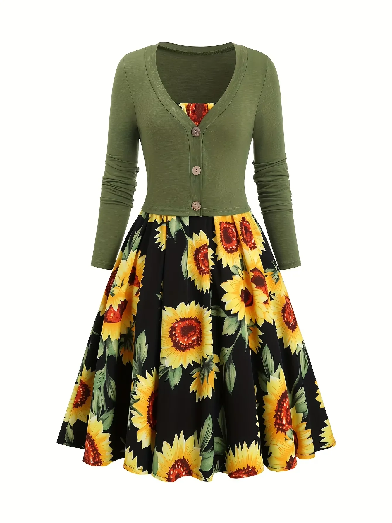 

Весной и осенью 2025 года. Женская мода, бестселлер, праздничные наряды. Платье с принтом подсолнечника и однотонный топ, повседневный, два.