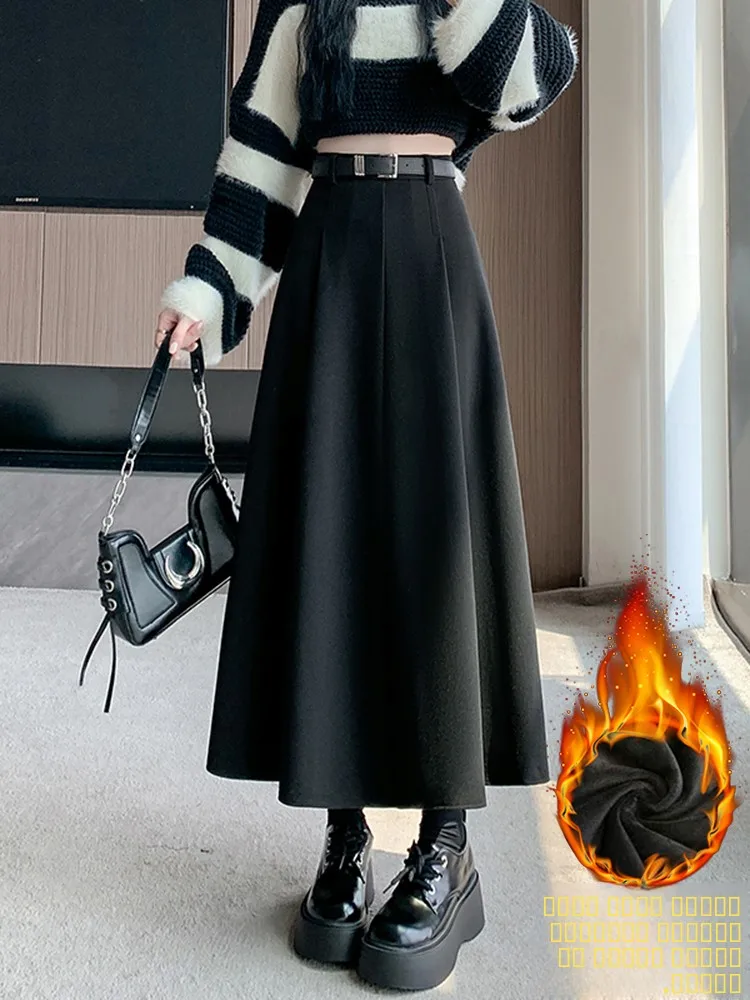 

Утепленная шерстяная юбка миди А-силуэта с высокой талией для женщин, осенне-зимняя, модная, деловая, повседневная, с боковой молнией