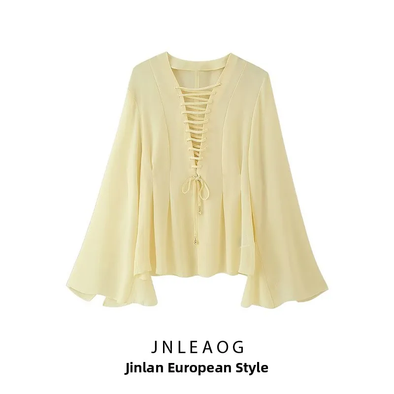 JNLEAOG Spring New Women's Fashion Design Belted Shawl Collar Long Sleeve Polyester V-neck Shirt Loose Fit Girls' Clothing