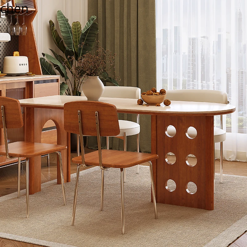 

QZT solid wood rock slab dining table oval retro desk
