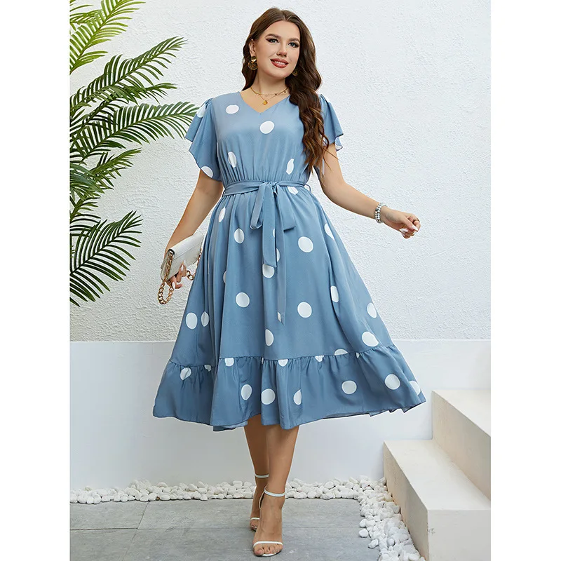 Robe mi-mollet à manches courtes pour femmes, grande taille, col en V, bleu, pois, papillon