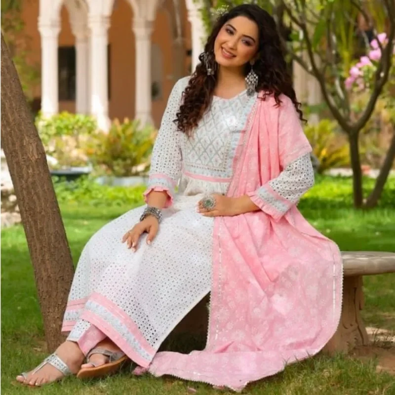 

Beautiful Chikankari Work Salwar Kameez Indian Women Kurti Pant Dupatta