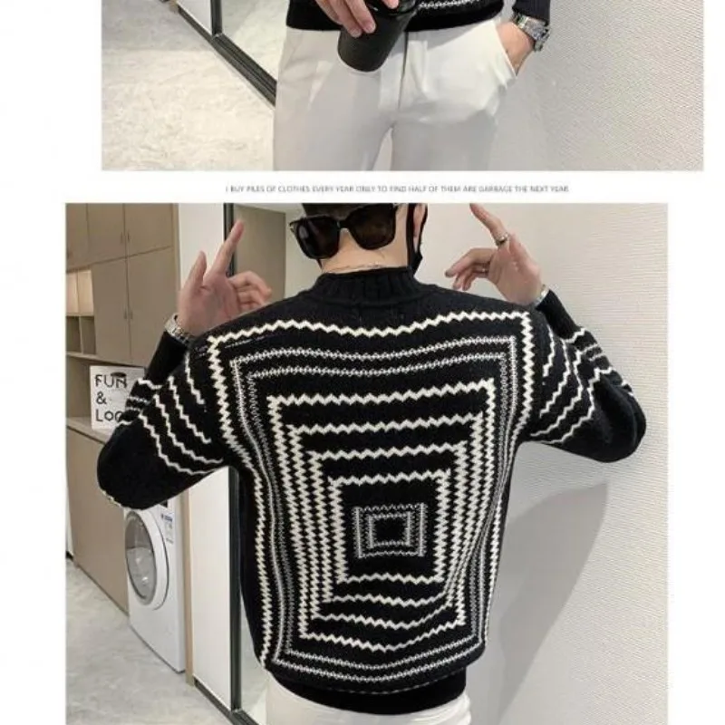 Men's Autumn Winter Pullover Round Neck Solid Screw Thread Checkered Lantern Long Sleeve Sweater Knitted England Style Tops