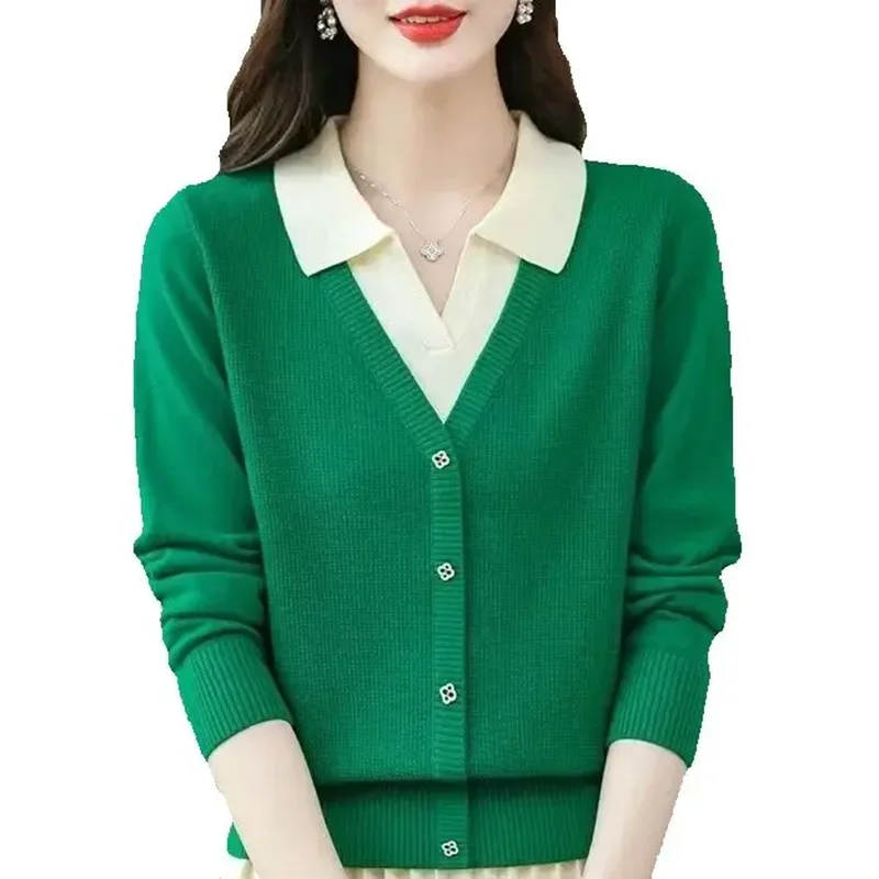 

Fashion Women Clothing Patchwork Contrast Sweater Spring Autumn Korean Casual Long Sleeve Loose Knitted Pullovers Female Tops