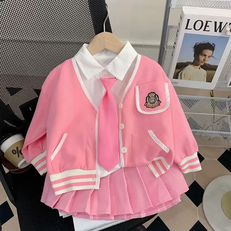 New FationKorean  Girls Knitted Clothing Set Spring Autumn Children's Student Cardigan Sweater Skirt Shirt 3pcs Clothing Outfit