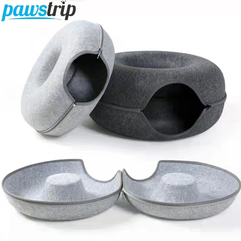 

Donut Cat Bed for 2 Cats Pet Cat Tunnel Toys Kitten House Basket Interactive Play Toys for Cats Natural Felt Rabbit Cave Nest