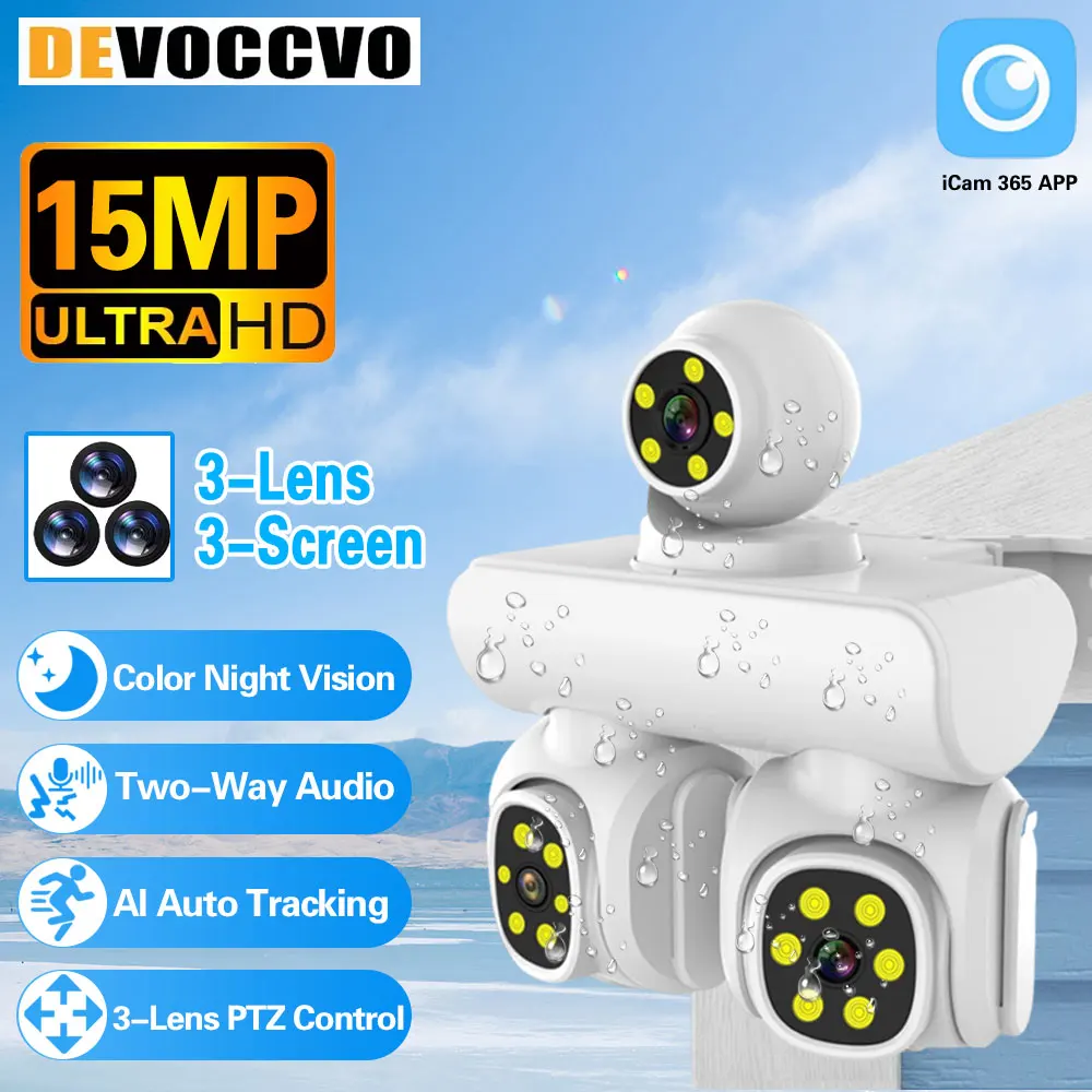 

HD 8K 15MP Three Lens Three ScreensCamera WIFI IP CCTV PTZ Outdoor Waterproof Two Way Intercom Motion Track Icam365 Smart Camera