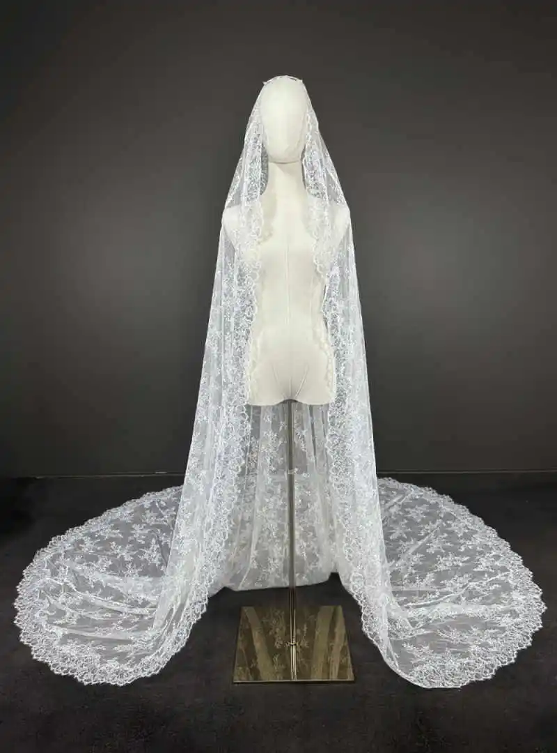 Romantic Floral Lace Wedding Veil Ultra Long Cathedral Sheer Bride Wedding Photography Accessory Voile Mariée Customized