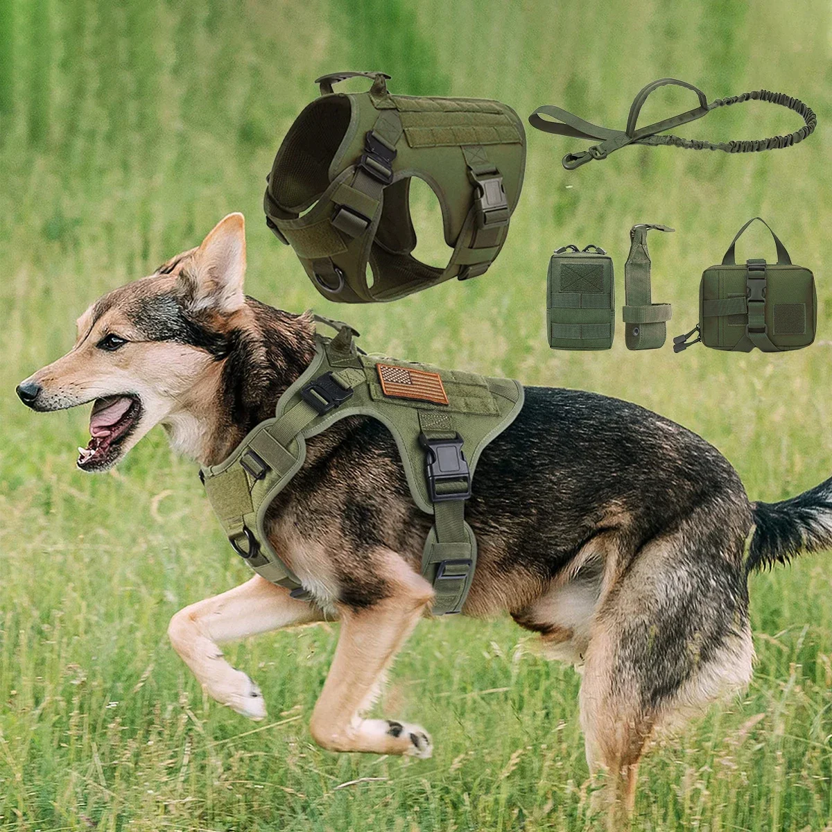 Tactical Large Dog Harness Leash Molle Pouches Pet Golden Retriever French Bulldog Training Vest Harnesses For Dog Accessories
