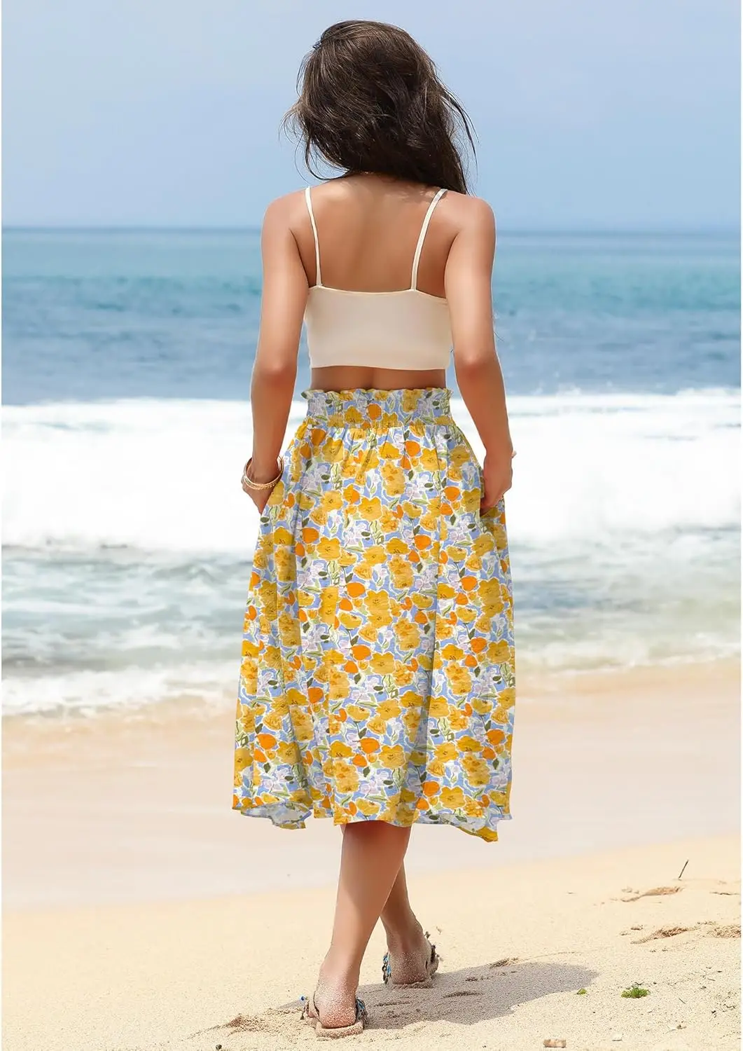 Luxy Trio Gonne midi a pieghe a vita alta elastiche da donna Gonna a trapezio floreale taglie forti Gonna lunga con stampa floreale