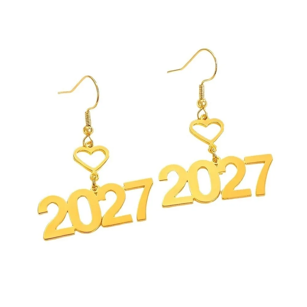 Elegant 2027 Digital Earrings Long Drop Metal Alloy Happy New Year Earrings Hollowed-out Fashion Love Heart Design Stud Earrings