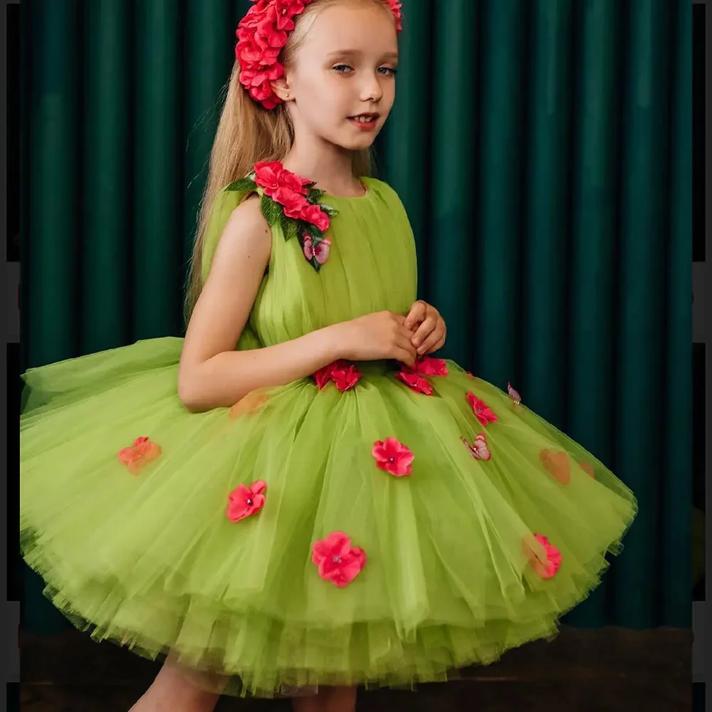 

Green Flower Girl Dress For Wedding Tulle Puffy With Red Applique Princess Kids Birthday Party First Communion Ball Gowns