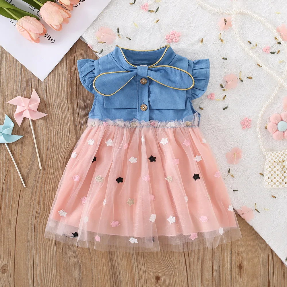 

Summer New Dress 0-3 Year Old Baby Girl Cute Tie Flying Sleeve Cowboy Mesh Star Splicing Puffy Princess Dress