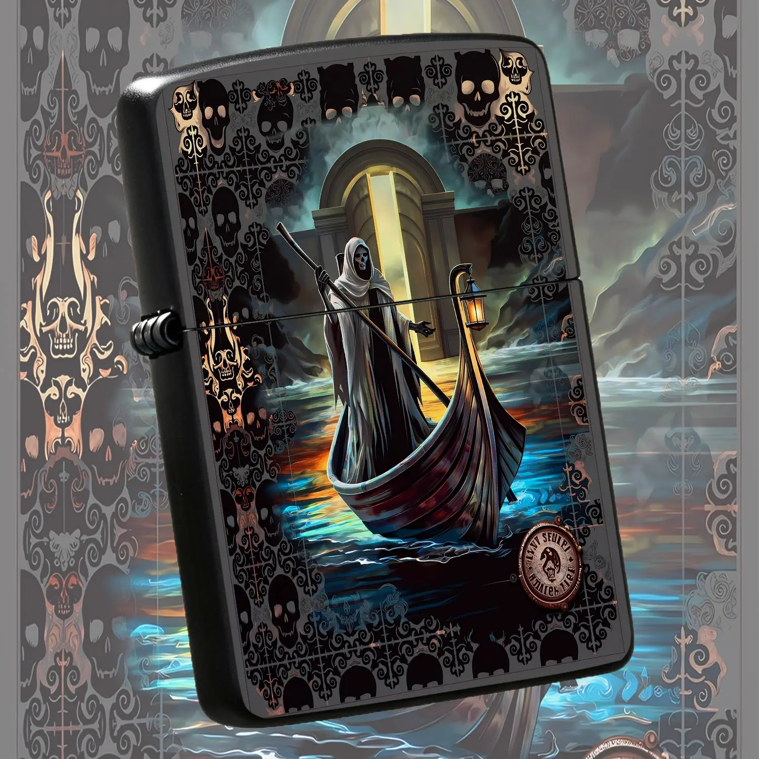 Gothic Charon Themed Decorative Accessory, Stylish Underworld Ferryman Pattern Ornament With Artistic Skull Border, Spooky Dark Aesthetic Collectible, PORTABLE Unique Gift For Myth Lovers For All Occasions Daily Displa A Humorous And Intere