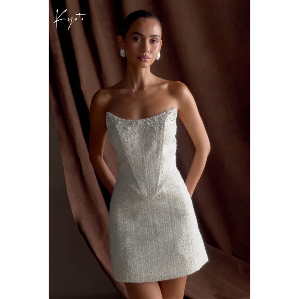 

Kyoto Customized Mini Column Pearl Sequin Rhinestone Wedding Dress Strapless Waist فستان زفافAfter Party Robe de mariée