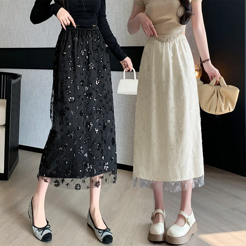 

Elegant Skirts Women 2024 Fashion High Waist Causal Faldas Sexy Mujer Korean Beading Mid Length A Line Pleated Skirt