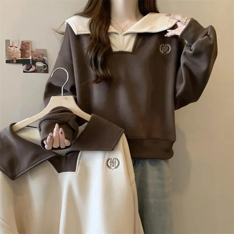 เสื้อสเวตเชิ้ตแขนยาวคอปกตุ๊กตาตัดสี ไซส์ใหญ่ สไตล์หลวม ปิดบังหุ่น สำหรับผู้หญิง ฤดูใบไม้ผลิและฤดูใบไม้ร่วง รุ่นใหม่