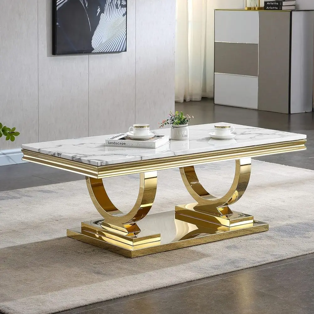 

Modern Rectangular Faux Marble Coffee Table with Mirrored Stainless Steel Base for Living Room and Center Tea Service