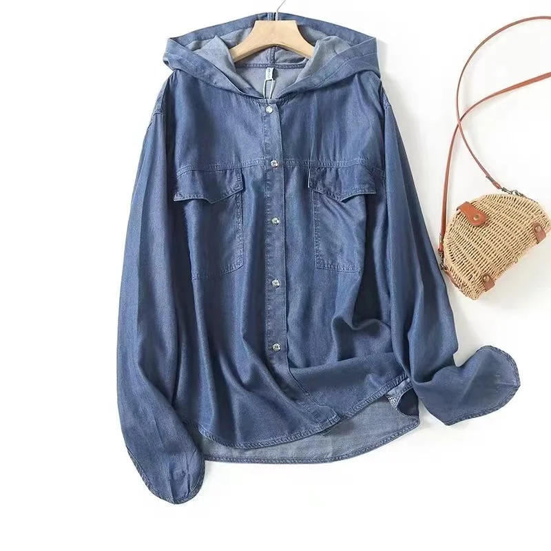 Denim shirts and blouses luxury women\'s blouses mori girls Japanese style vintage long sleeve hooded blue denim shirt women tops