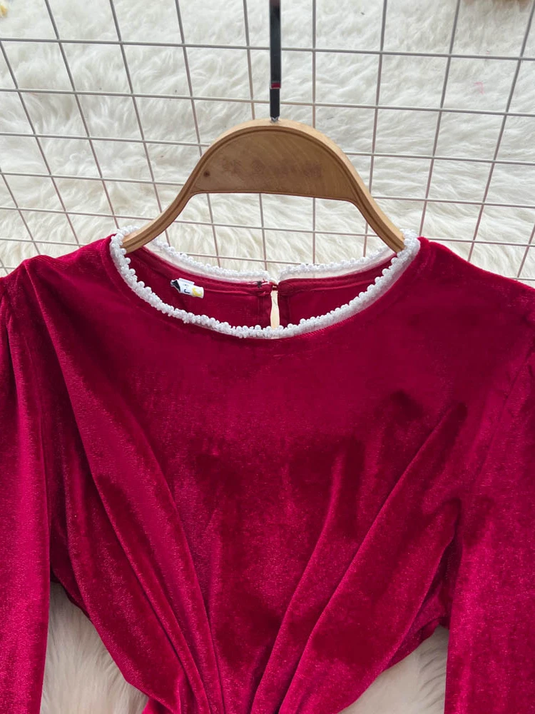 فستان نسائي مزين بالترتر شبكي مرقع شتوي فرنسي اجتماعي برقبة دائرية مخملية مرقع الخصر فستان شبكي مزين بالترتر DS260 #4