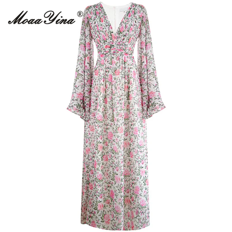 

MoaaYina Autumn Fashion Designer Elegant Floral Print Dress Women Flare Sleeve Ruffles Ruched High Waist Slim A-LINE Long Dress