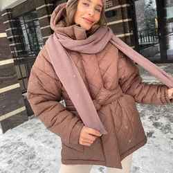 Hooded Cotton Jacket Warm Coat Autumn and Winter Fashionable and Elegant Solid Colour Blouse Women with Belt Slim Cotton Jacket