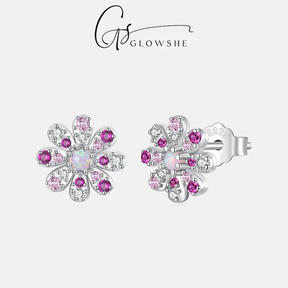 

Glowshe 100% 925 Sterling Silver Opal Zircon Flower Stud Earrings Dainty Design Minimalist Fine Jewelry For Women Daily Wear