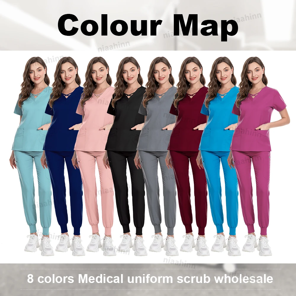 Niaahinn Uniform Hot Sale Nurses Hospital Uniforms Two Piece Spandex Pants Scrubs Suit Nursing Jogger Women Scrubs Uniforms Sets