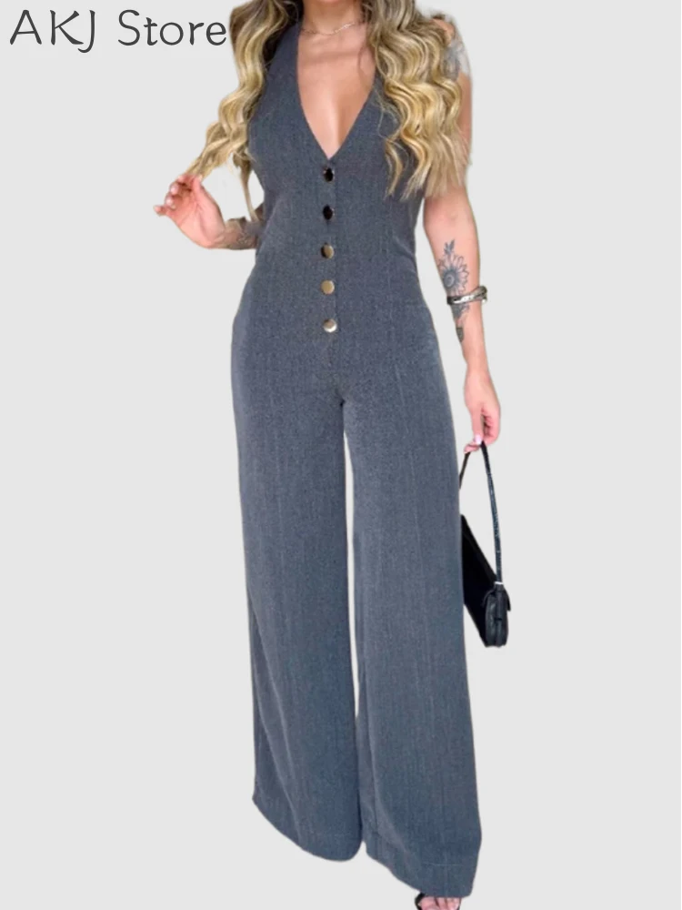 

Women Plunge Sleevless Backless Buckle Work Jumpsuit